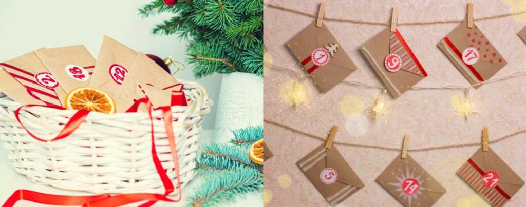 Nostalgische Adventskalender Umschläge, dekoriert an Wand und Korb