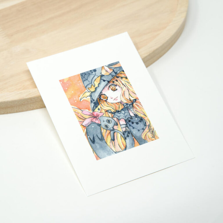Kunstdruck von Hexe mit Katzenohren und Fledermäusen