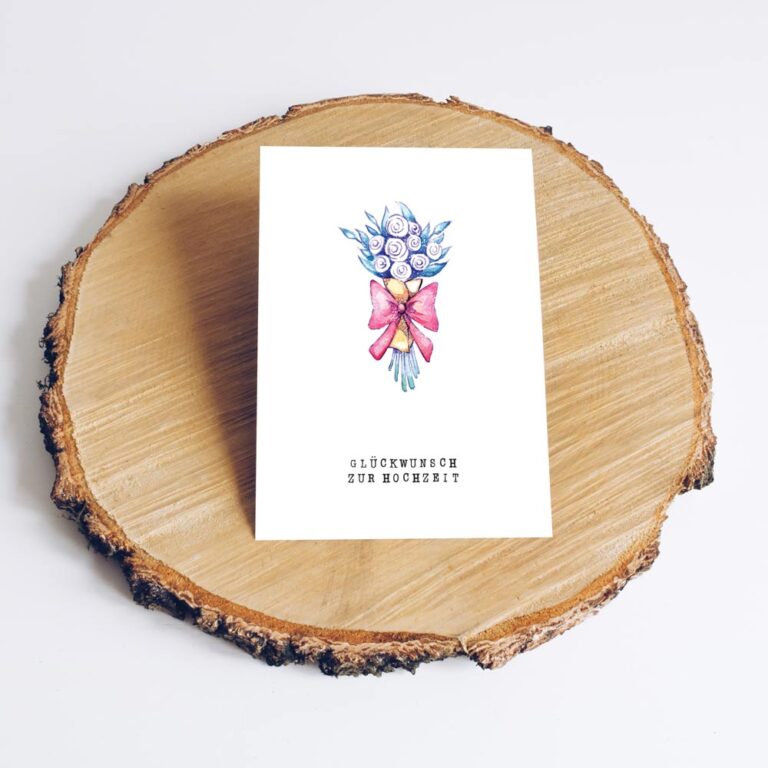 Aquarell Glückwunschkarte Hochzeit Blumenstrauß auf Baumscheibe