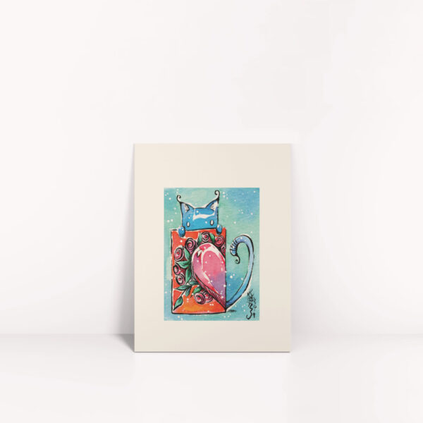 Kunstdruck blaue Katze mit Herz Karte