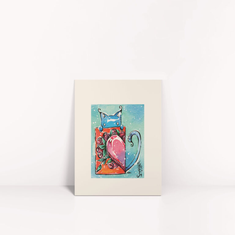 Kunstdruck blaue Katze mit Herz Karte