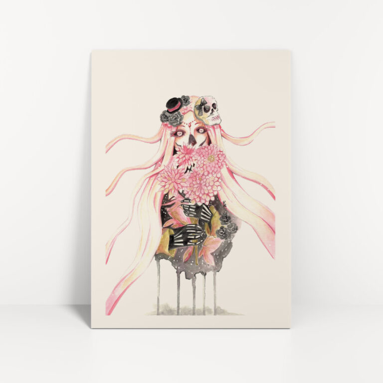 Kunstdruck von Sugar Skull Frau mit Blumenstrauß