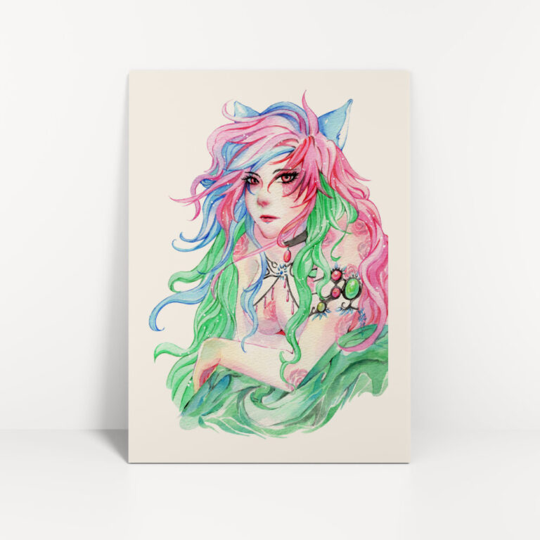 Kunstdruck von Manga Catgirl mit bunten Haaren