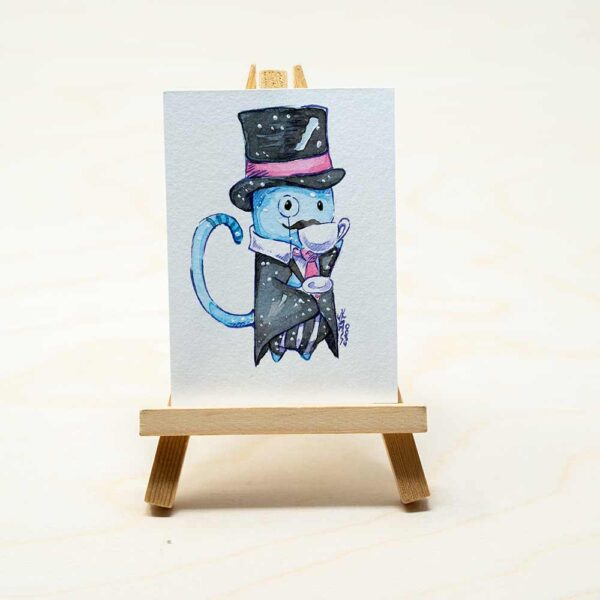 Kleine Zeichnung mit blauer Katze im Anzug