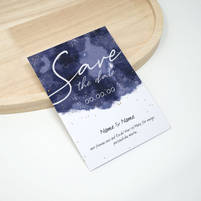 Personalisierte Himmel Save the Date Karte, blau gold