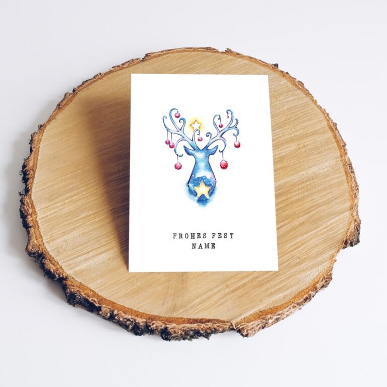 Personalisierte Weihnachtskarte Hirsch auf Baumscheibe