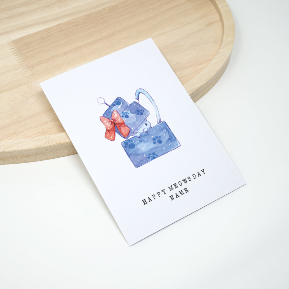 Geburtstagskarte Katze in blauer Torte