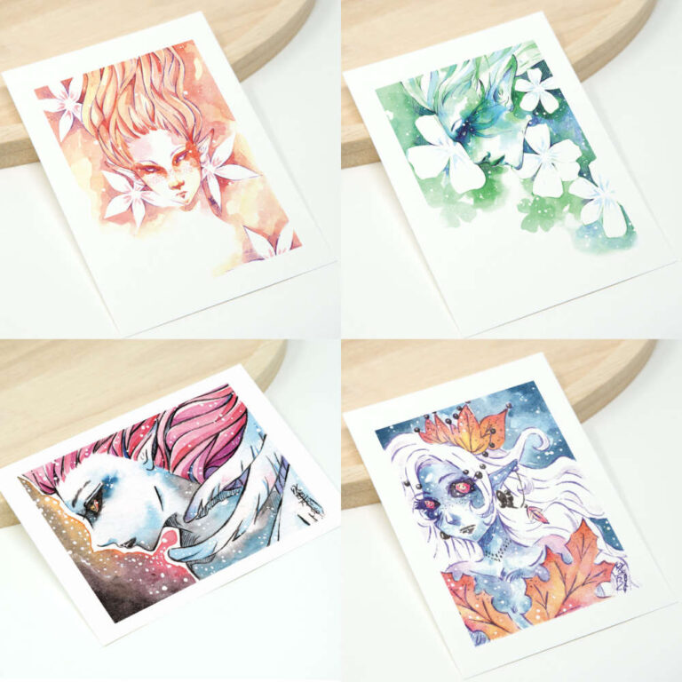 4 Manga Sammelkarten, Elfen Aquarelle von PsychoKitty