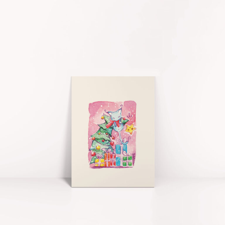 Kunstdruck von blauer Katze auf Weihnachtsbaum