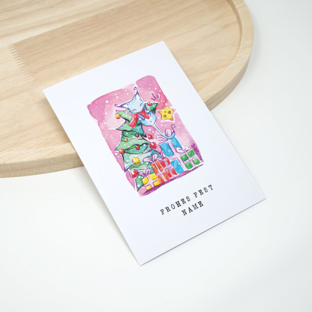 Weihnachtskarte Katze auf Weihnachtsbaum