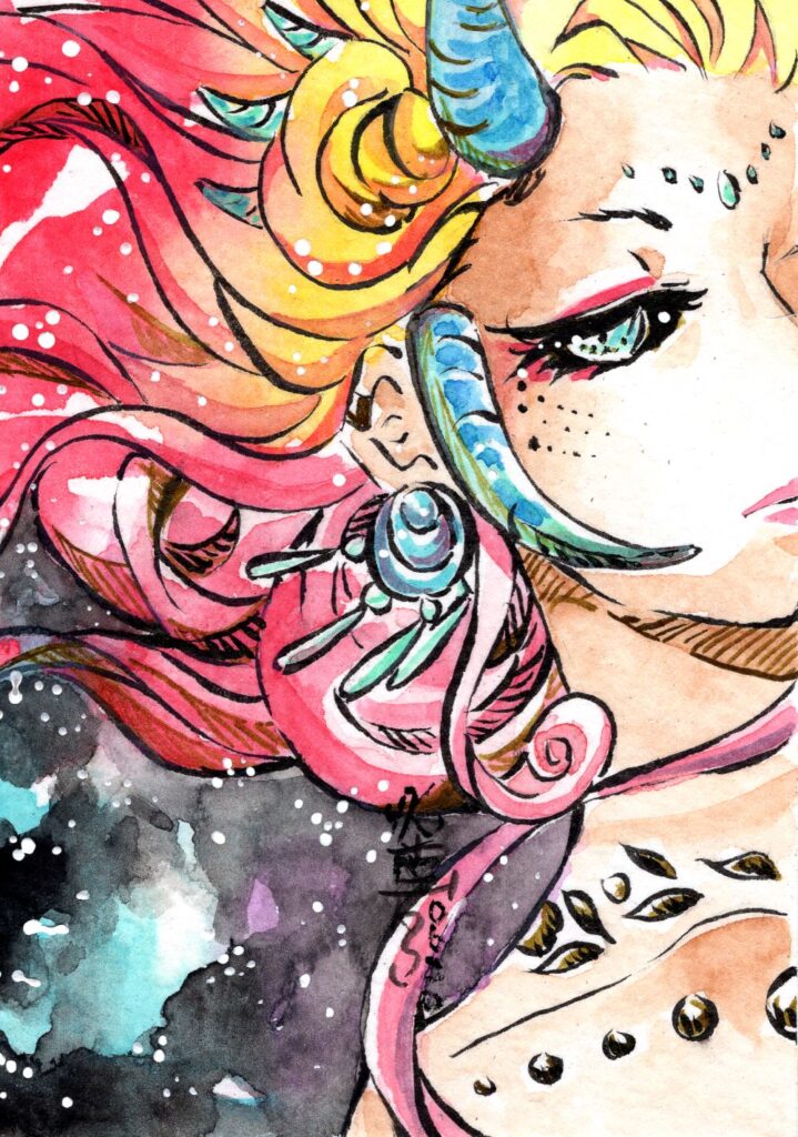 Dunkelhäutige Manga Dämonin mit Hörnern