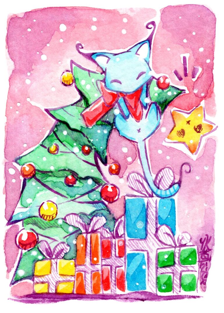 Blaue Manga Katze auf Tannenbaum