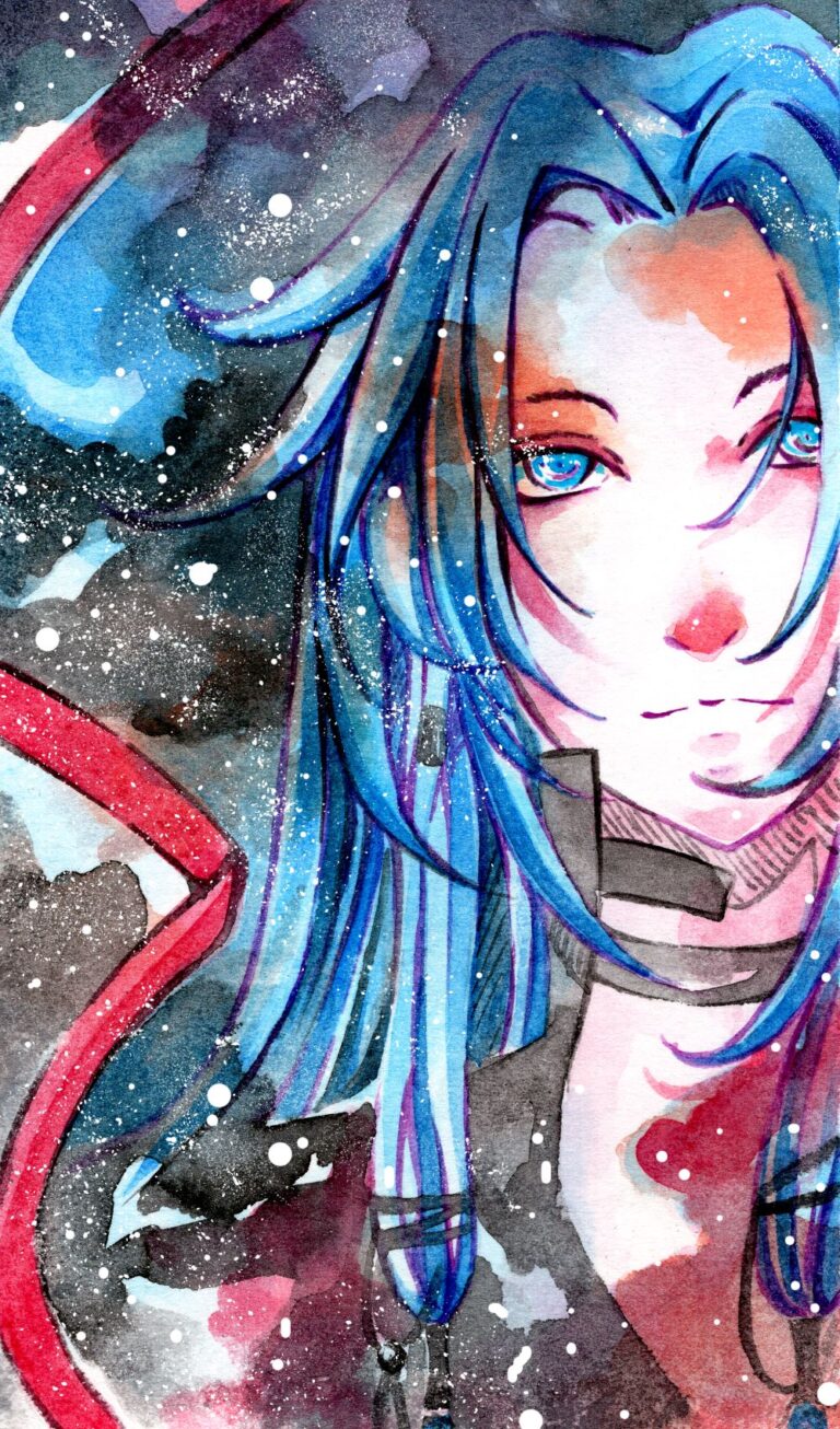 Blauhaariger Engel mit rotem Band