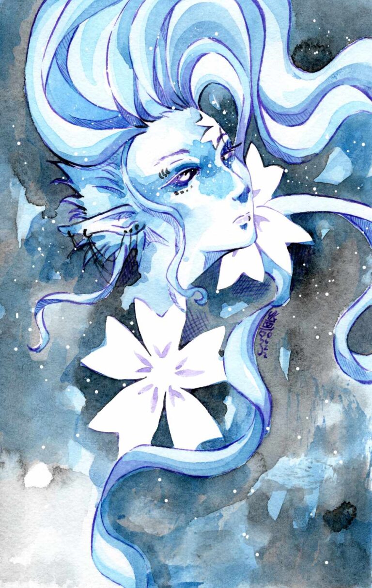 Blauhaarige Manga Elfe mit weißen Blüten