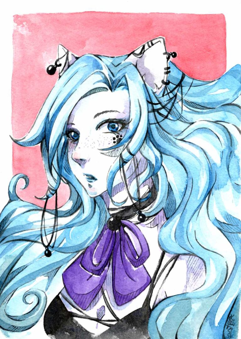 Blauhaarige Catgirl mit schwarzen Piercings