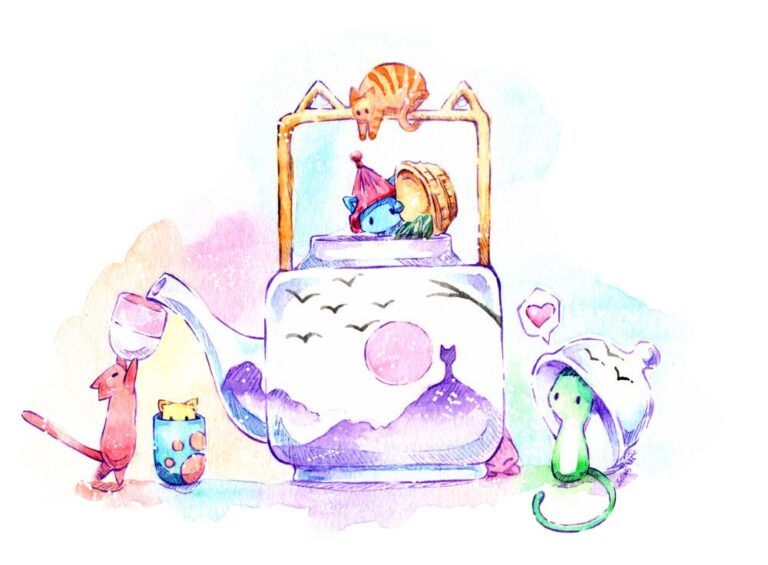 Manga Katzen spielen auf einer chinesischen Teekanne herum