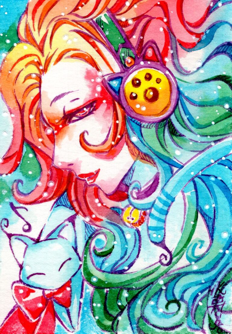 Manga Frau mit Regenbogen Haaren und Katzen Kopfhörer