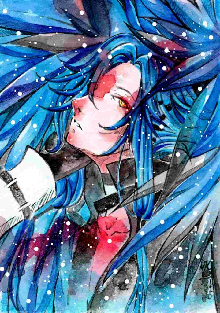 Blauhaarige Engel mit Flügel wird von jemanden berührt