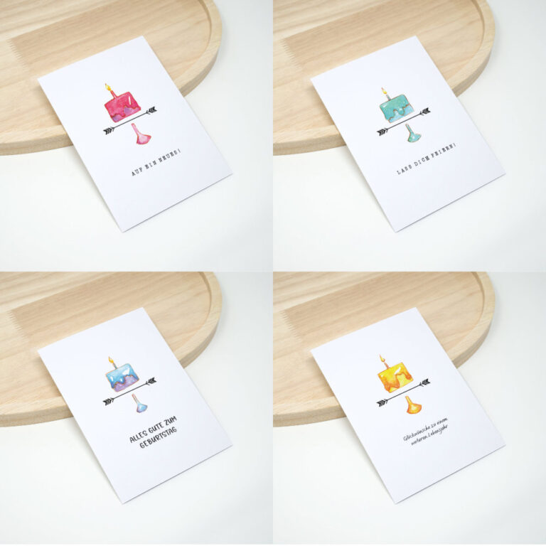 4 Geburtstagskarten mit Aquarell Torten in blau, gelb, rosa und mint