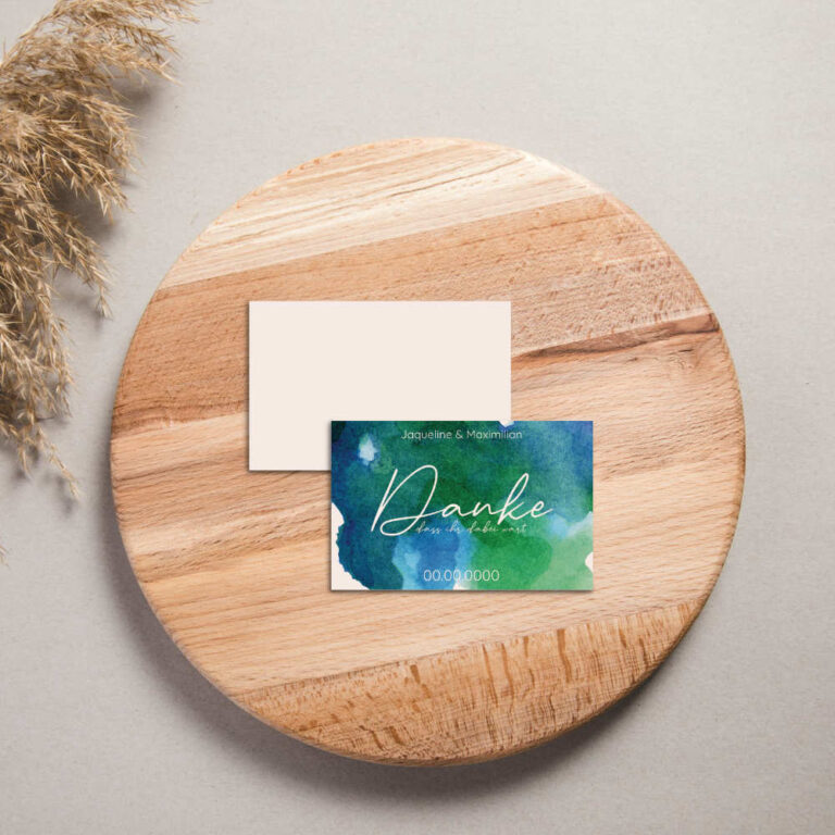 Kleine Dankeskarte blau grün für Hochzeit auf Holzscheibe