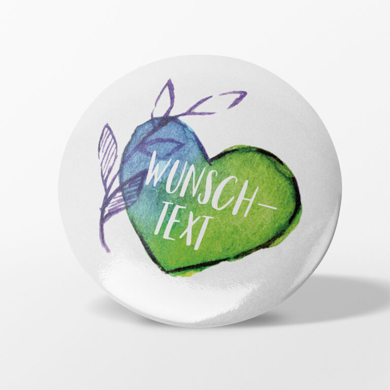 Blau grünes Herz mit Wunschtext als Button Pin