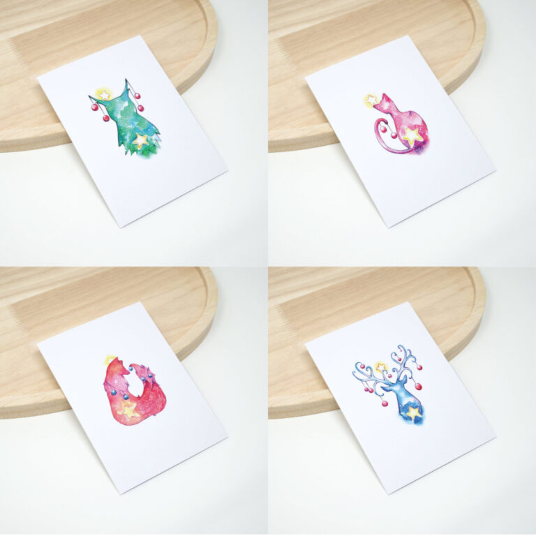 4 Weihnachtskarten mit Tiermotiven, Aquarell Zeichnungen