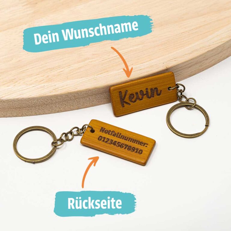 Schulranzen Anhänger aus Bambus inklusive Schlüsselring mit Wunschname und Notfallnummer auf der Rückseite. Mit dem Laser eingraviert