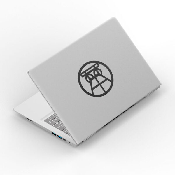 Ruhrpott Aufkleber aus Vinyl. Motiv Förderturm auf einen Laptop geklebt