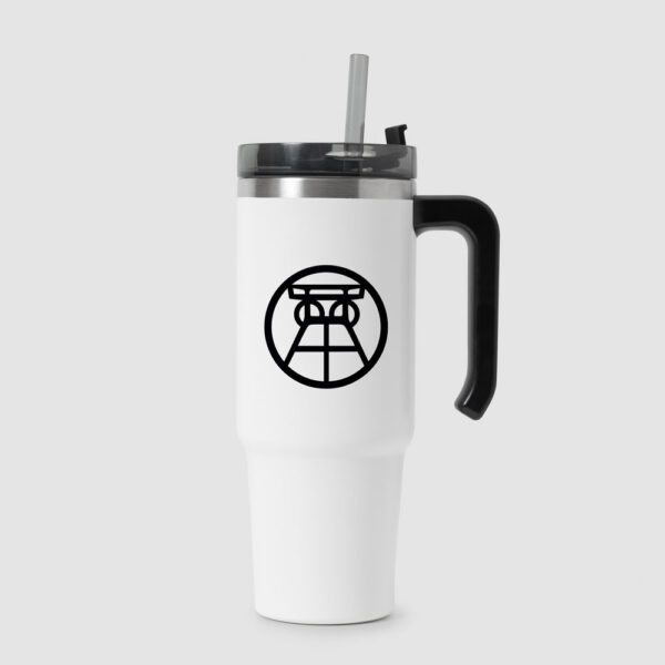Ruhrpott Aufkleber aus Vinyl. Motiv Förderturm auf einen Tumbler geklebt
