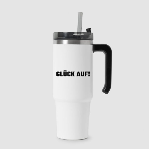 Ruhrpott Aufkleber aus Vinyl. Motiv Glück Auf! Schriftzug auf einen Tumbler geklebt