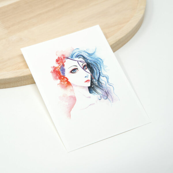 rotblaue haarige Frau im Manga Aquarell Stil