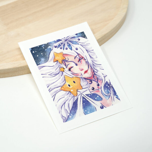 Manga Aquarellzeichnung weißhaarige Schneekönigin mit kleinem Stern