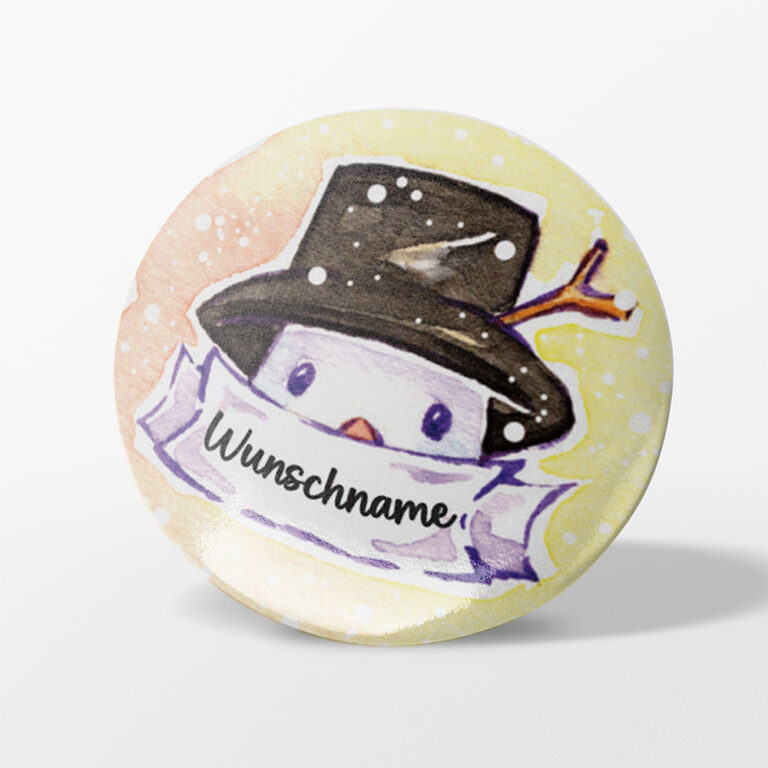 Personalisierter Namensbutton mit Wunschnamen. Motiv: Aquarell Schneemann