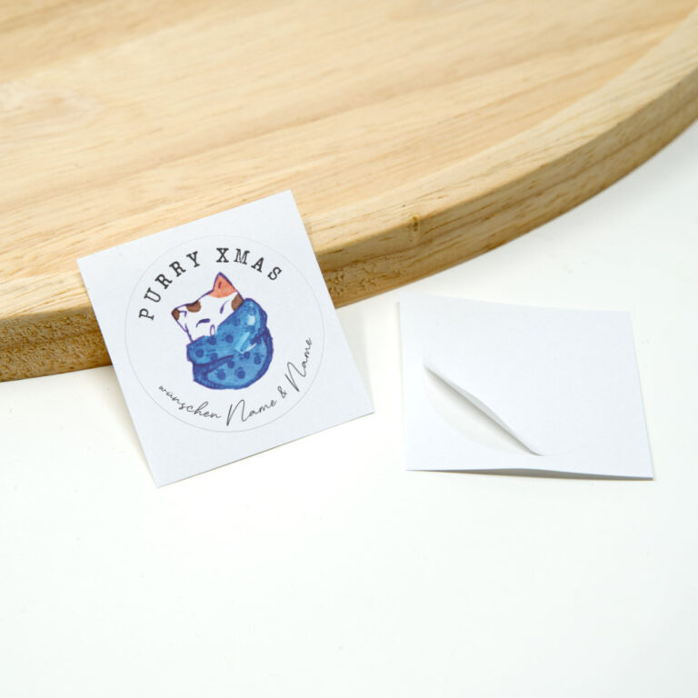 Personalisierte Weihnachtssticker mit Aquarell Katze Burrito