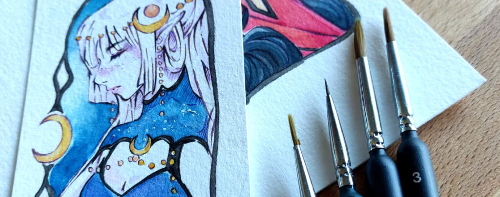 Aquarell Pinsel neben Elfen Zeichnungen Lesezeichen