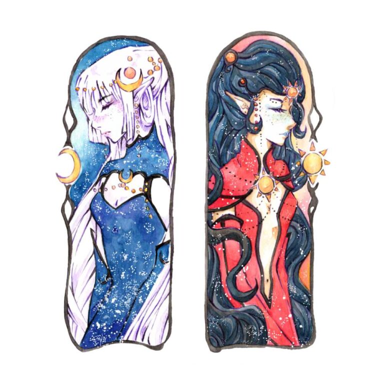 Zwei Manga Frauen stehen Rücken an Rücken