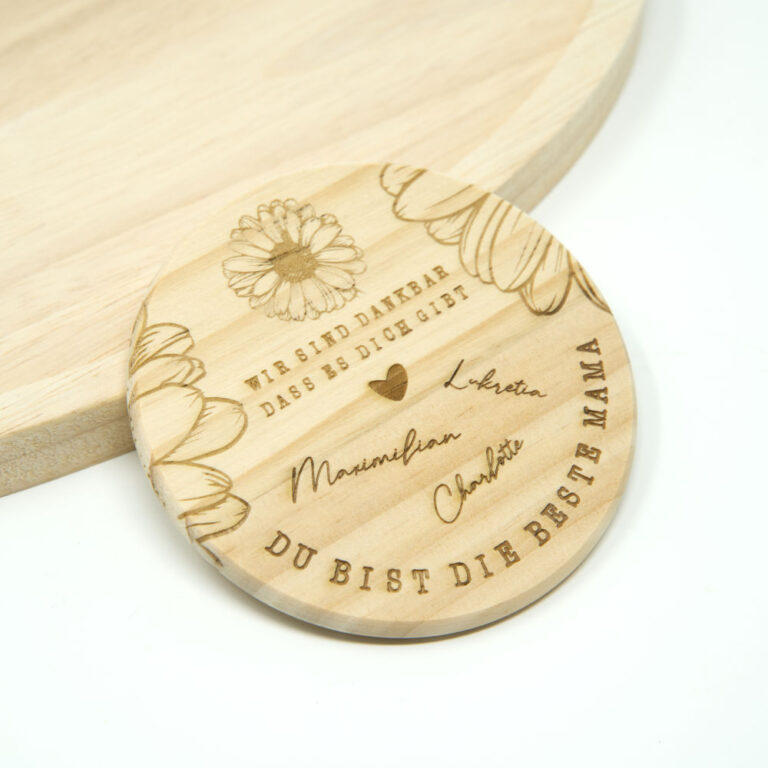 Lasergravierter Untersetzer zu Muttertag mit Gerbera Motiv und Sprüchen