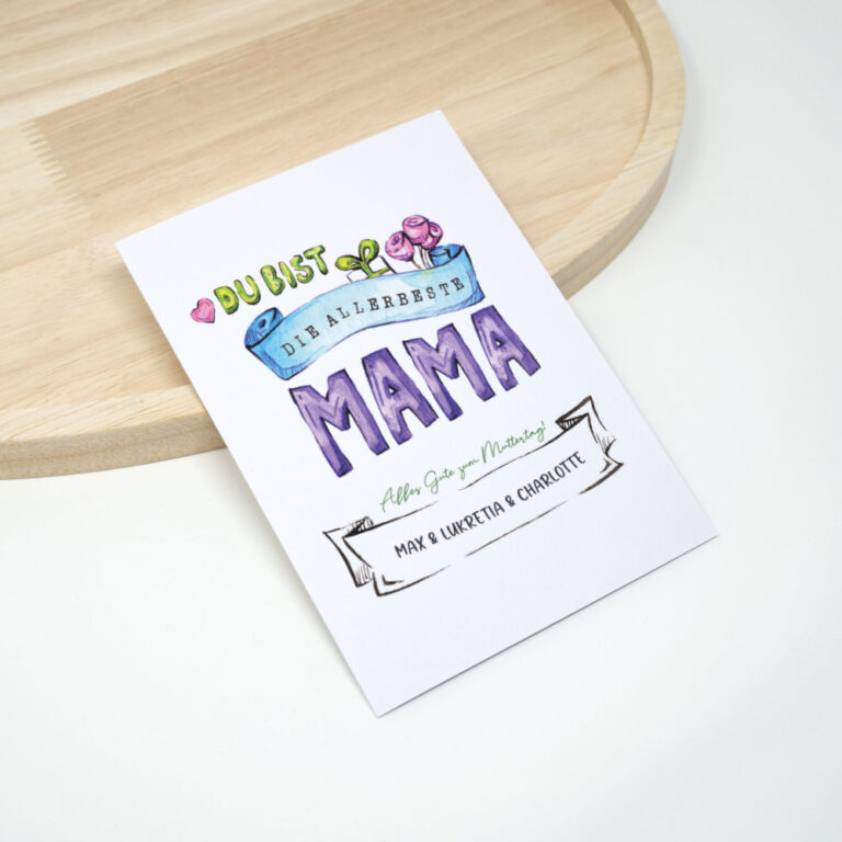 Aquarell Handlettering Muttertagskarte neben Holzplatte, Spruch: Du bist die allerbeste Mama