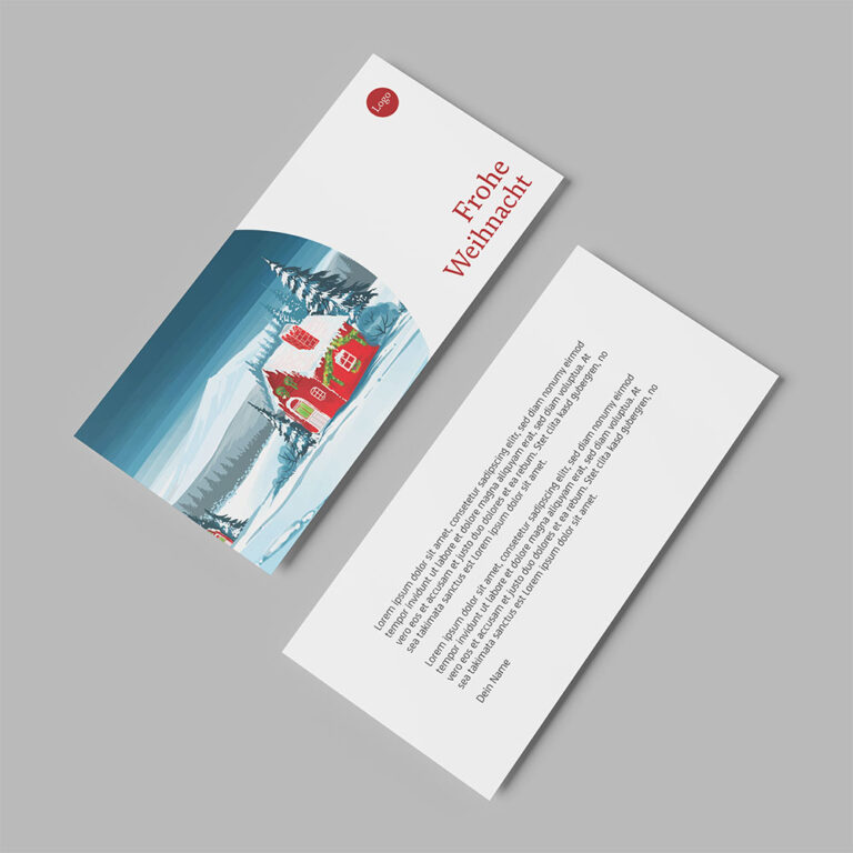 Firmen Weihnachtskarte, Din lang quer mit roter Hütte in Winterlandschaft