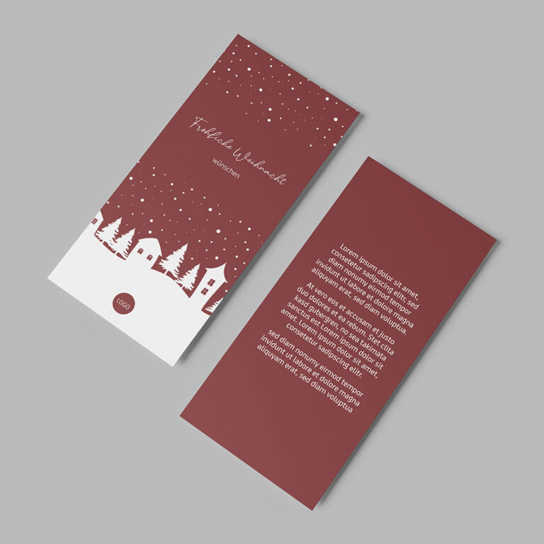 Firmen Weihnachtskarte, roter Hintergrund mit weißer Winterlandschaft, DIN Lang