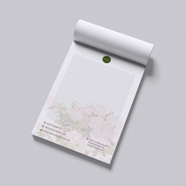 A5 Notizblock, floral. Design mit Logo