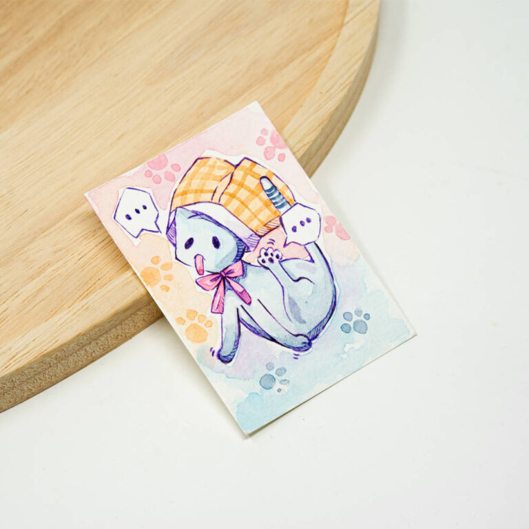 Original ACEO Zeichnung Katze mit Schlafmütze und Schleife in Aquarell