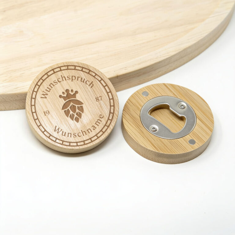 Runder Flaschenöffner aus Bambus mit graviertem Hopfen-Motiv mit Krone und Punkterahmen, Wunschspruch und Wunschname auf der Vorderseite, Rückseite mit integriertem Metallöffner und Magnet.
