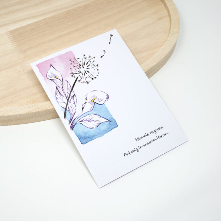 Beileidskarte Aquarell mit Löwenzahn und weißer Calla Blüte