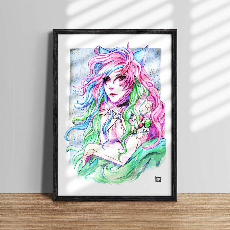 Manga Poster Catgirl Aquarell mit buntem Haar und Schmuck