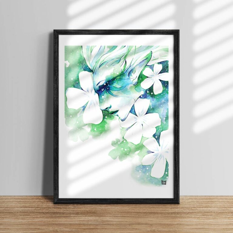 Manga Poster Grüne Elfenkönigin Aquarell mit weißen Blüten
