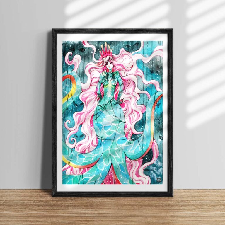 Manga Poster Meerjungfrau Queen Octopus Aquarell mit Krone und Tentakeln